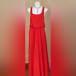 Bisou Bisou Beautiful Red Orange Maxi Dress Pleated Sheer Bottom Sz. 14 …